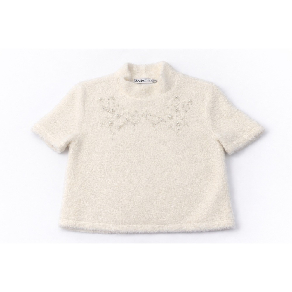 Zara Faux Fur Fuzzy Top with Pearl Embellishment Ivory Sz S